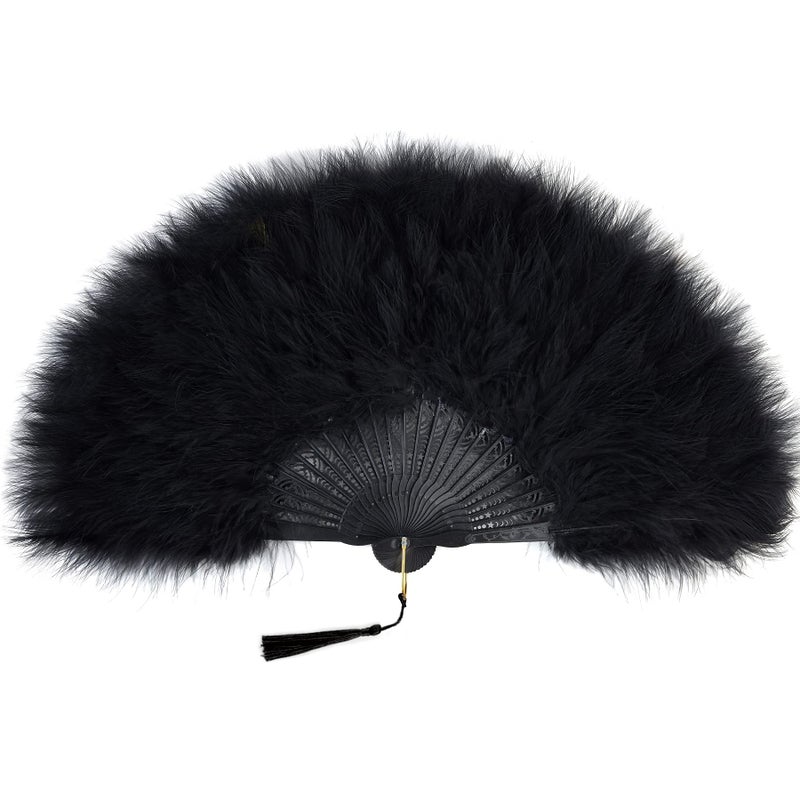 BABEYOND Marabou Feather Fan 20s Vintage Folding Fan Flapper Hand Fan for Costume Dancing Show Tea Party Wedding Decoration (Black-Black Rib) - Image 1